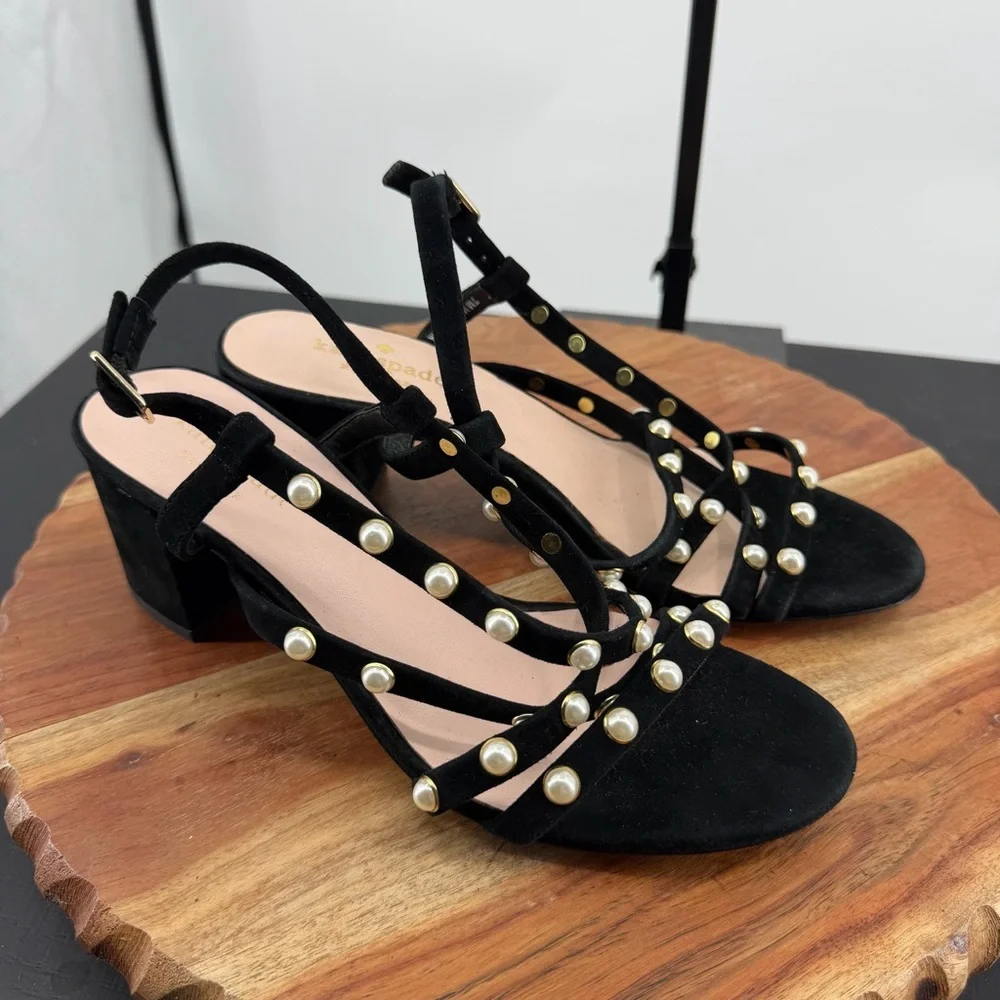 Kate Spade Wynne black suede pearl embellished block heel‎ sandals sz 7